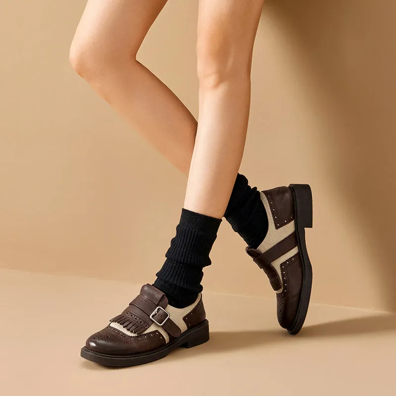 BeauToday Classic Leather Brogue Loafer with Tassel for Women
