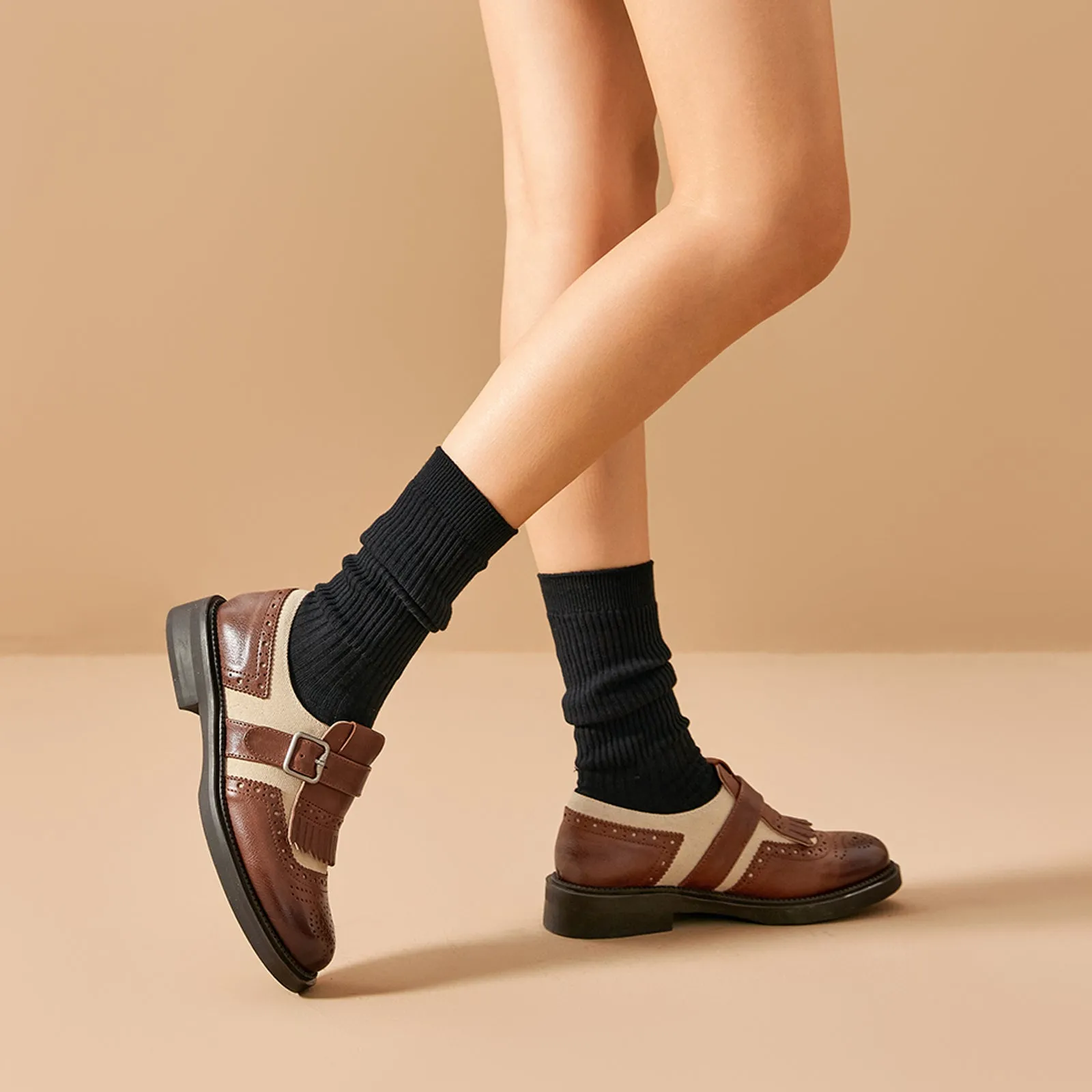 BeauToday Classic Leather Brogue Loafer with Tassel for Women