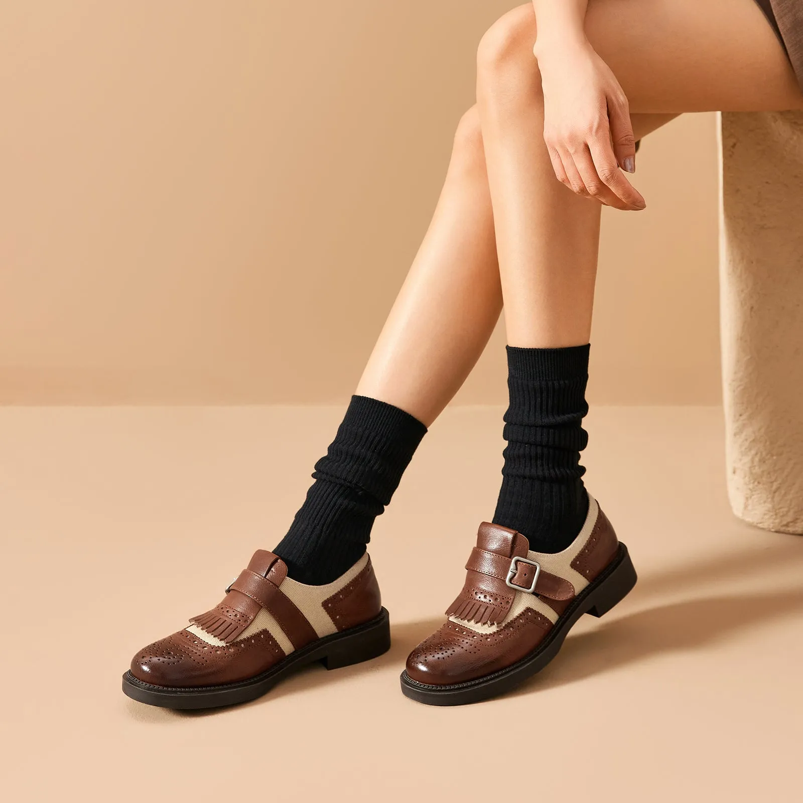 BeauToday Classic Leather Brogue Loafer with Tassel for Women