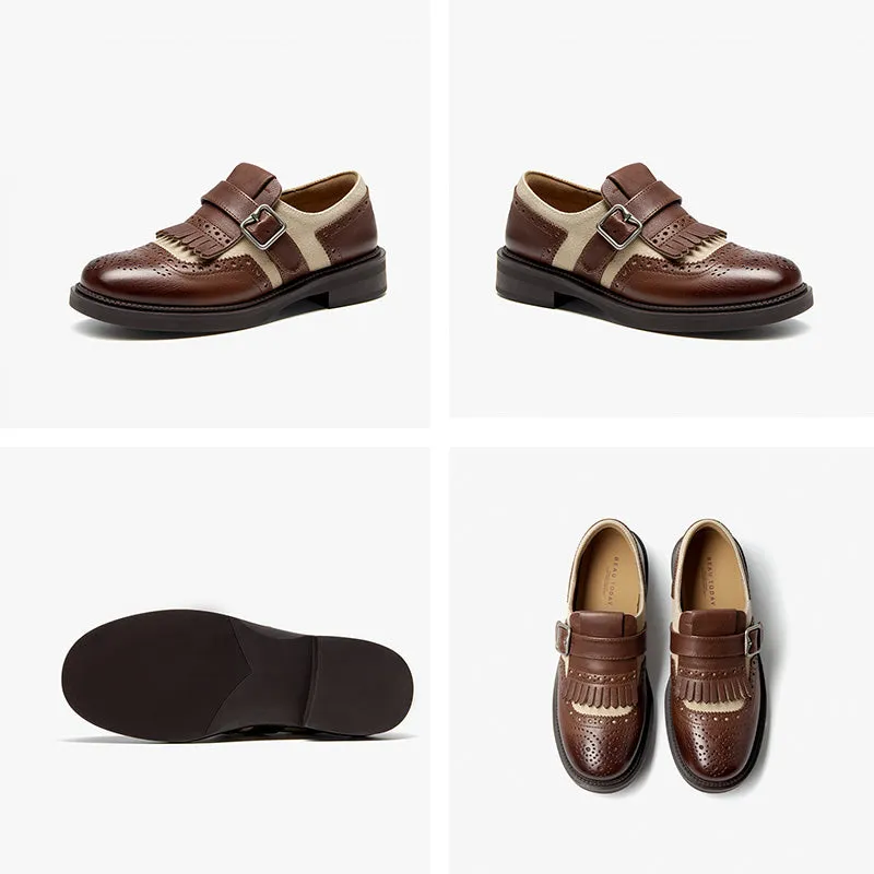 BeauToday Classic Leather Brogue Loafer with Tassel for Women