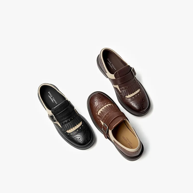 BeauToday Classic Leather Brogue Loafer with Tassel for Women