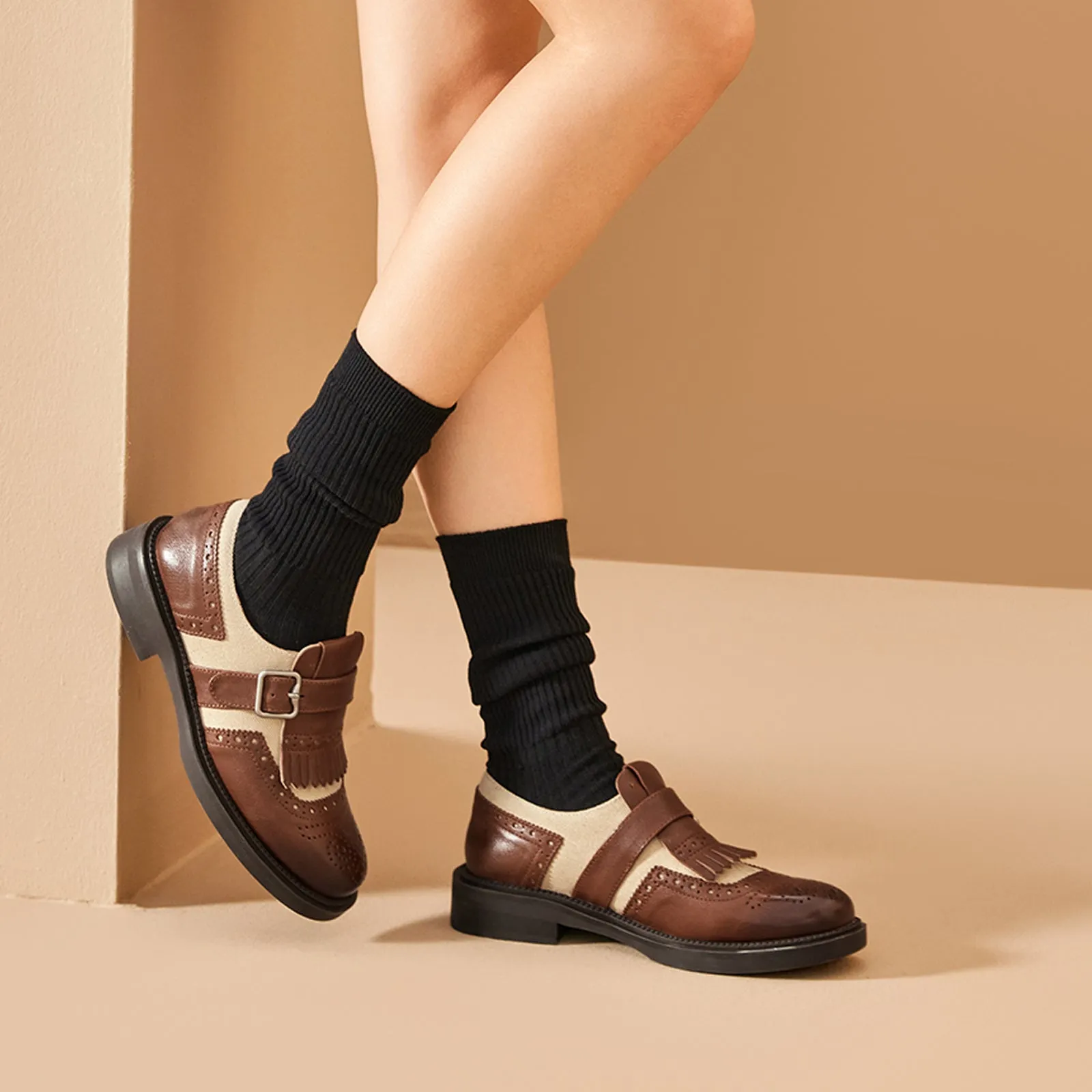 BeauToday Classic Leather Brogue Loafer with Tassel for Women