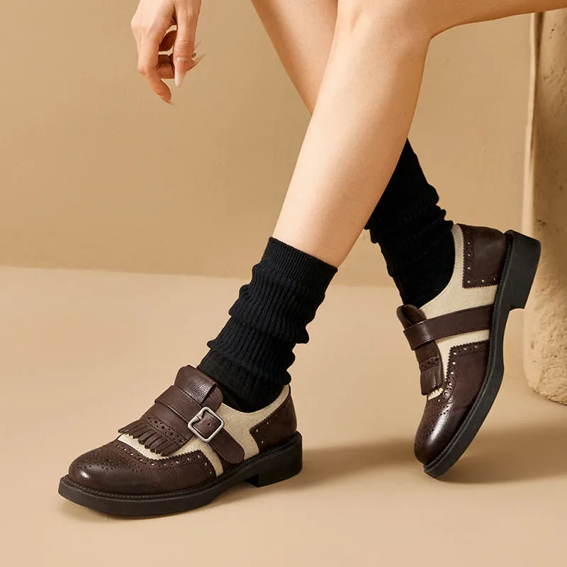 BeauToday Classic Leather Brogue Loafer with Tassel for Women