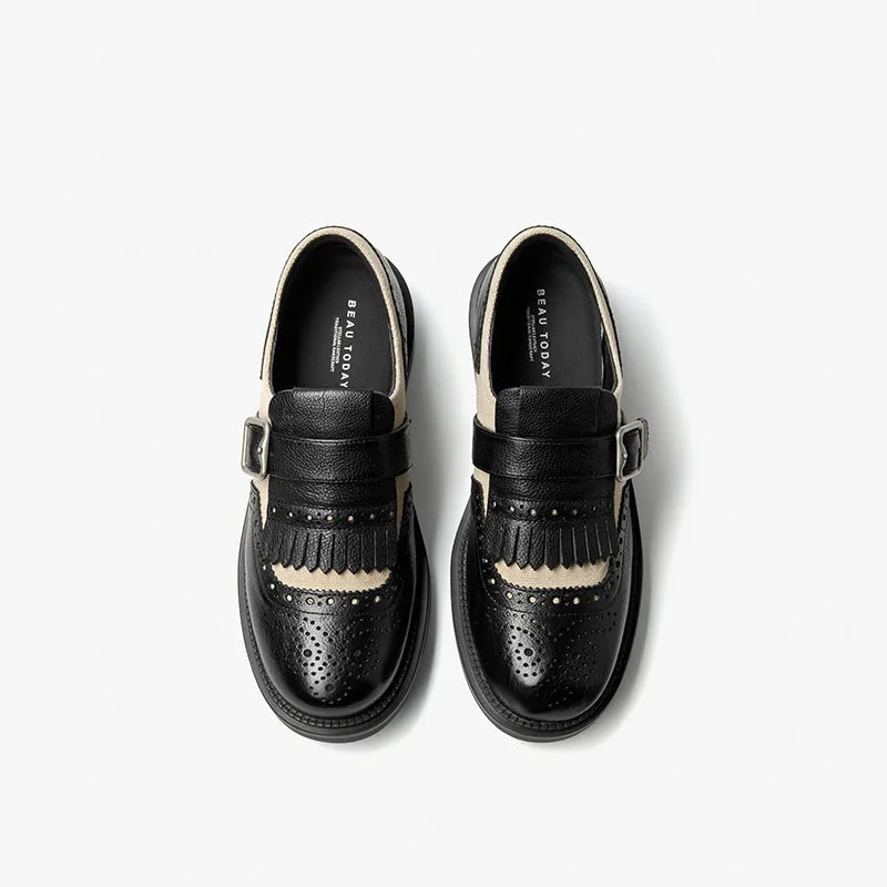 BeauToday Classic Leather Brogue Loafer with Tassel for Women
