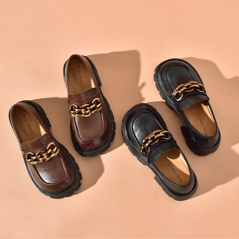 BeauToday Platform Loafers for Women with Metal Ornament