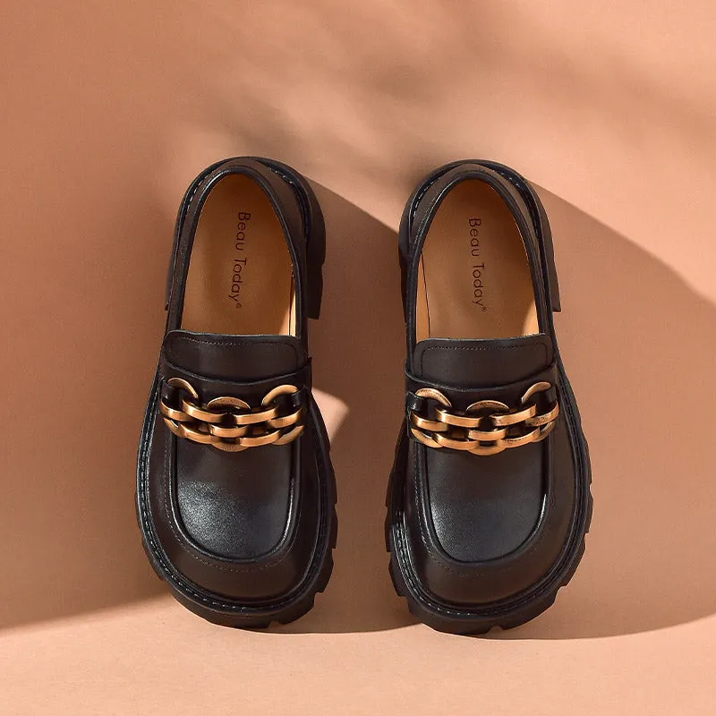 BeauToday Platform Loafers for Women with Metal Ornament