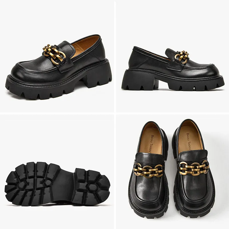 BeauToday Platform Loafers for Women with Metal Ornament