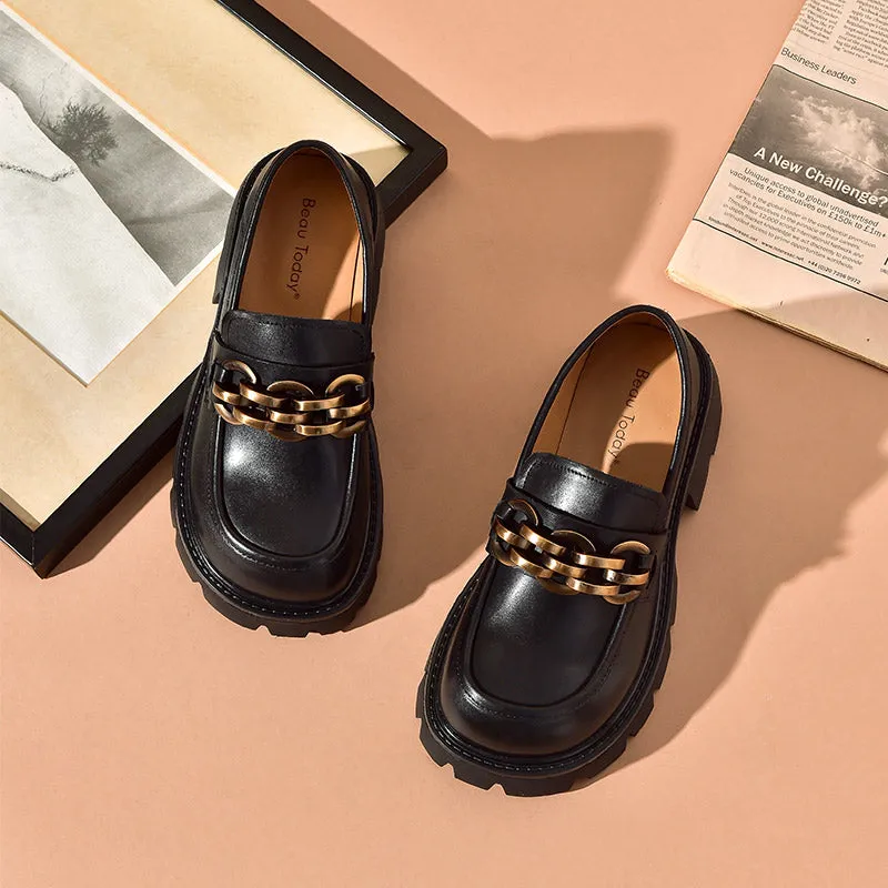 BeauToday Platform Loafers for Women with Metal Ornament