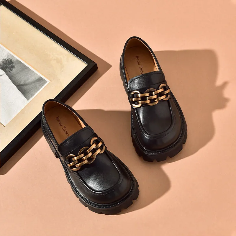 BeauToday Platform Loafers for Women with Metal Ornament
