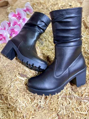 Black Mid-Calf Leather Boots Block Heel