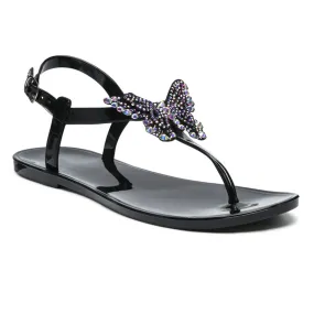 Butterfly T Strap Flat Sandals in Black