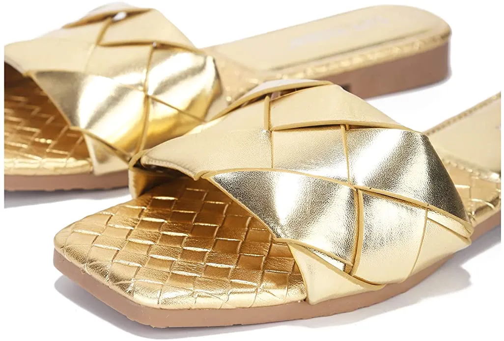 Cape Robbin Deja Woven Mules Slip On Flat Slides Sandals Gold (9, GOLD)