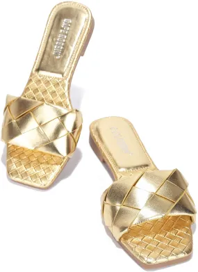Cape Robbin Deja Woven Mules Slip On Flat Slides Sandals Gold (9, GOLD)