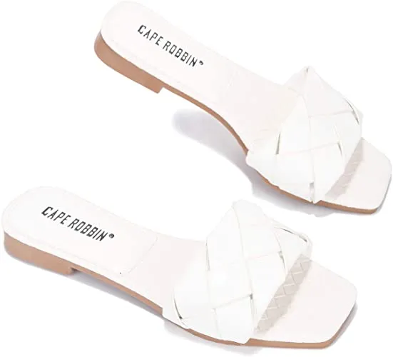 Cape Robbin Deja Woven Mules Slip On Flat Slides Sandals WHITE (8, WHITE)
