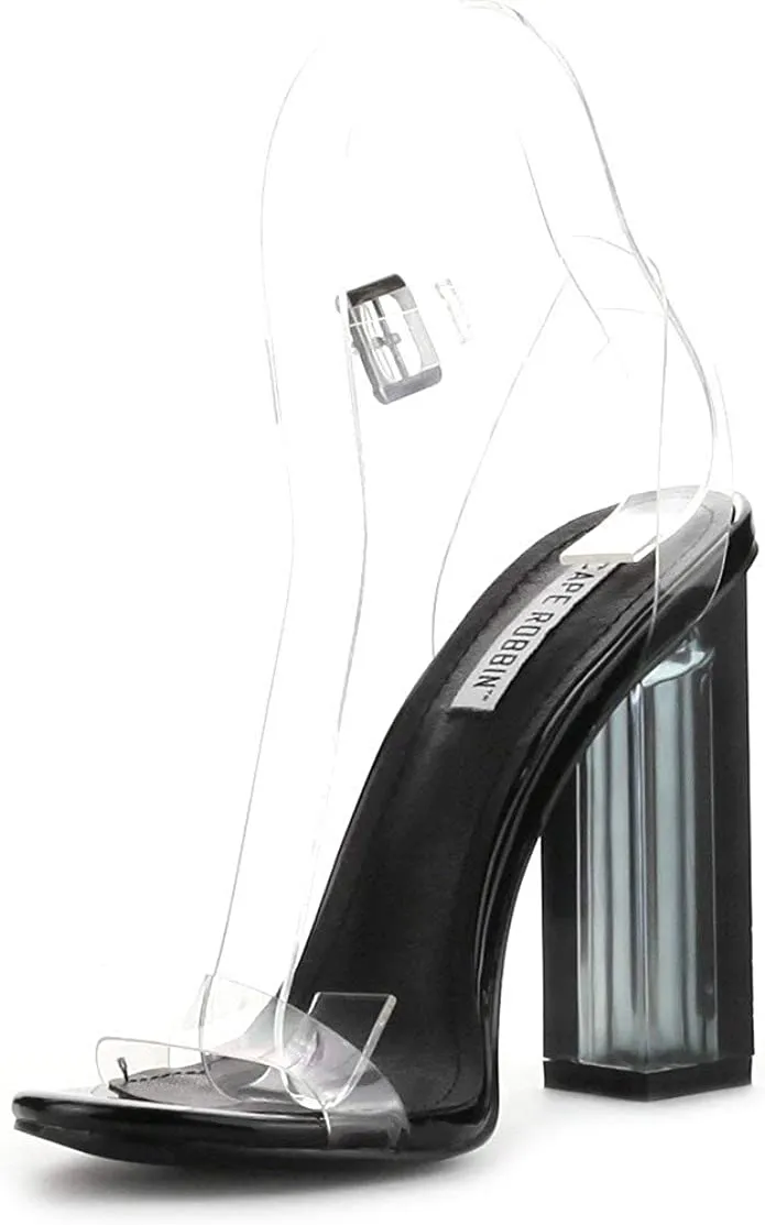 Cape Robbin Maria-2 Lucite Clear Strappy Block High Heel Open Peep Toe Sandals (8.5, Black)