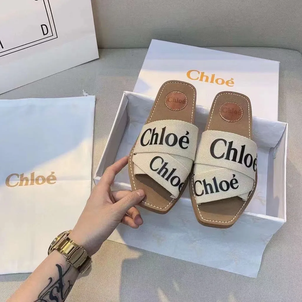 CHL Canvas Logo Embroidered Ribbon Flat Sandals
