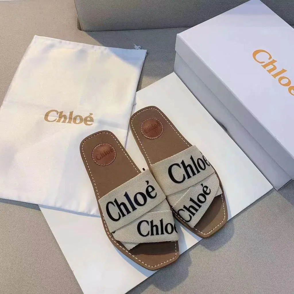 CHL Canvas Logo Embroidered Ribbon Flat Sandals