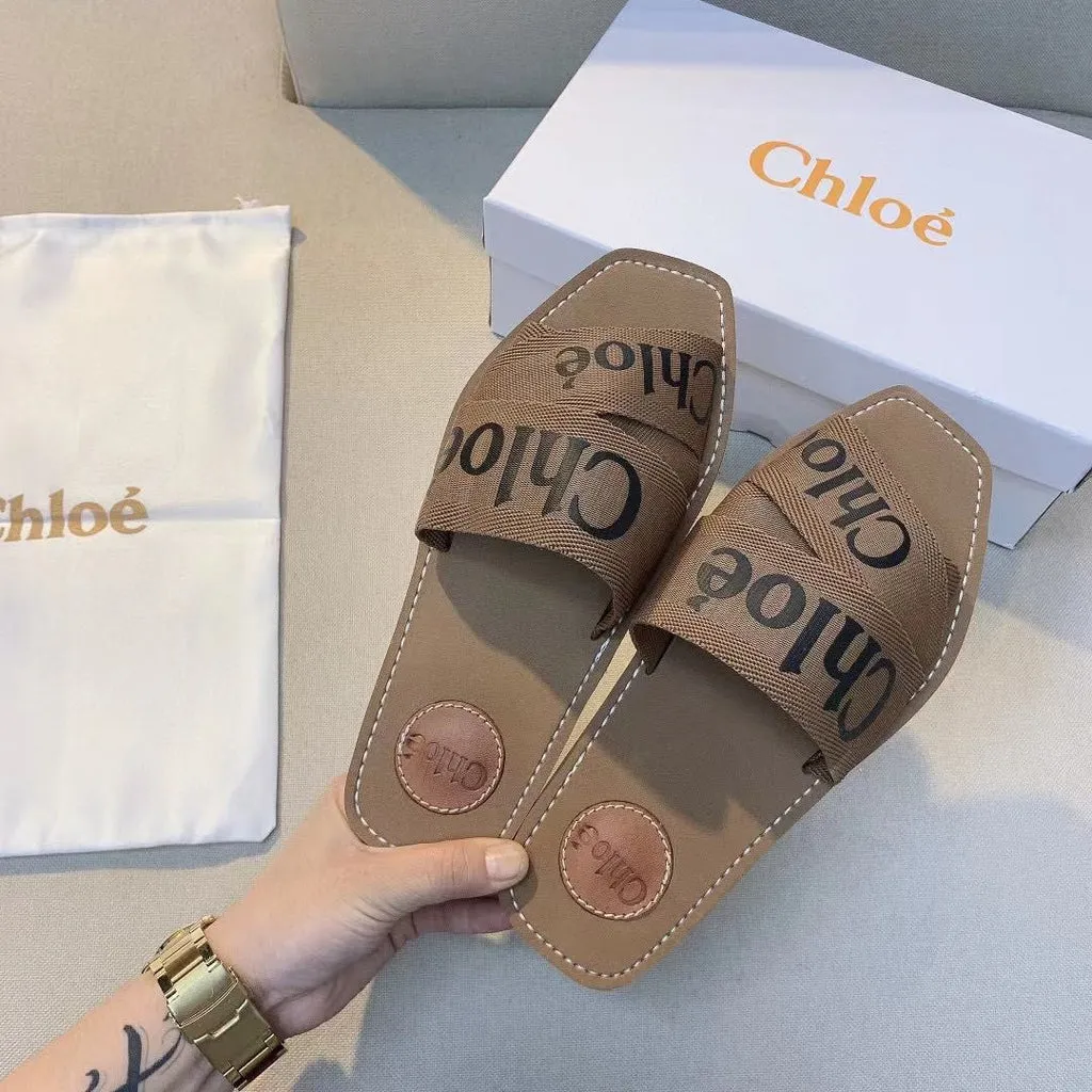 CHL Canvas Logo Embroidered Ribbon Flat Sandals