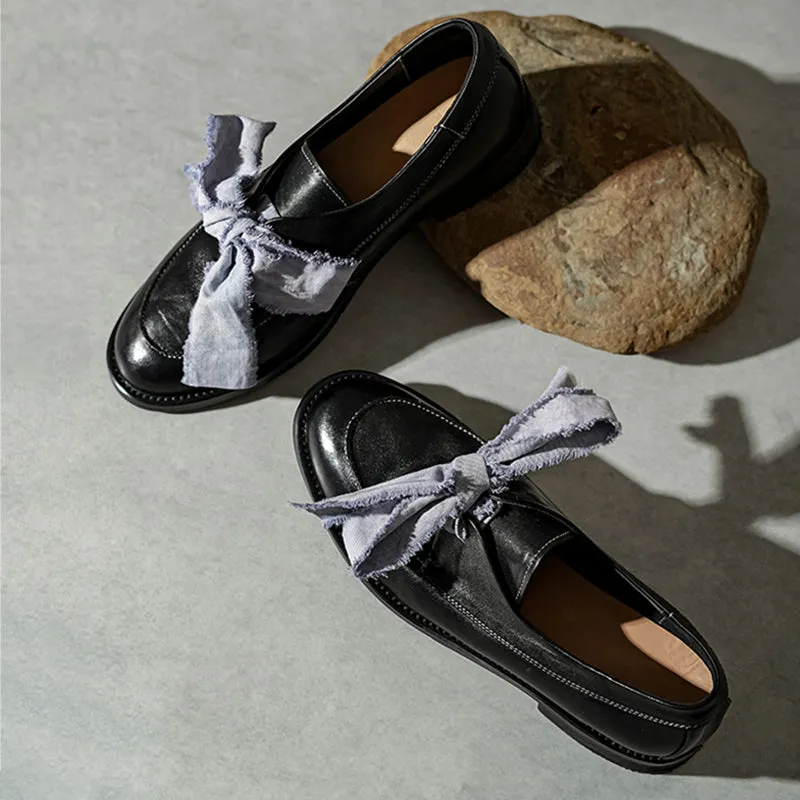 Classic British Style Round Toe Loafers with Bow Tie Design Black/Blue/Yellow