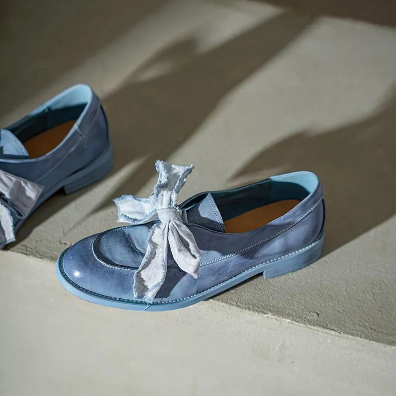 Classic British Style Round Toe Loafers with Bow Tie Design Black/Blue/Yellow