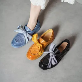 Classic British Style Round Toe Loafers with Bow Tie Design Black/Blue/Yellow