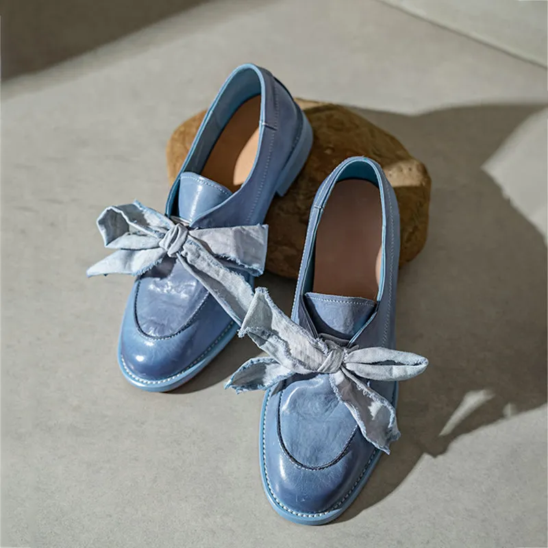Classic British Style Round Toe Loafers with Bow Tie Design Black/Blue/Yellow
