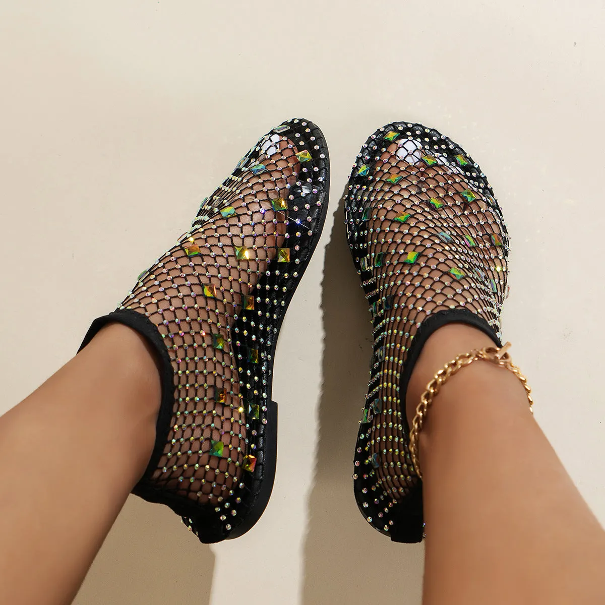 Colorful rhinestone net sandals