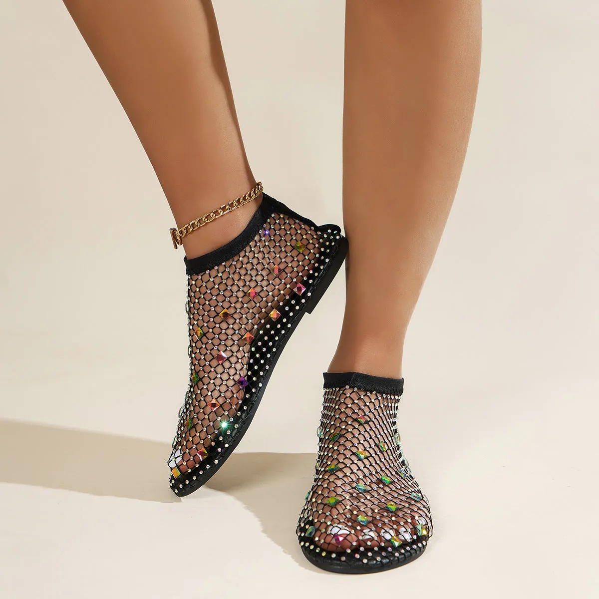 Colorful rhinestone net sandals