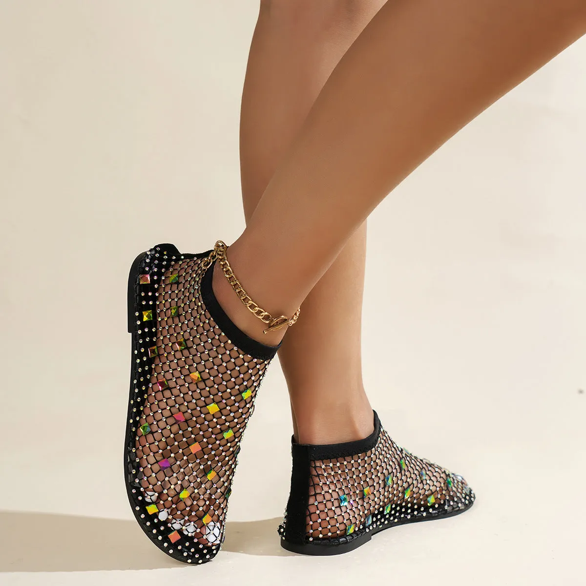 Colorful rhinestone net sandals