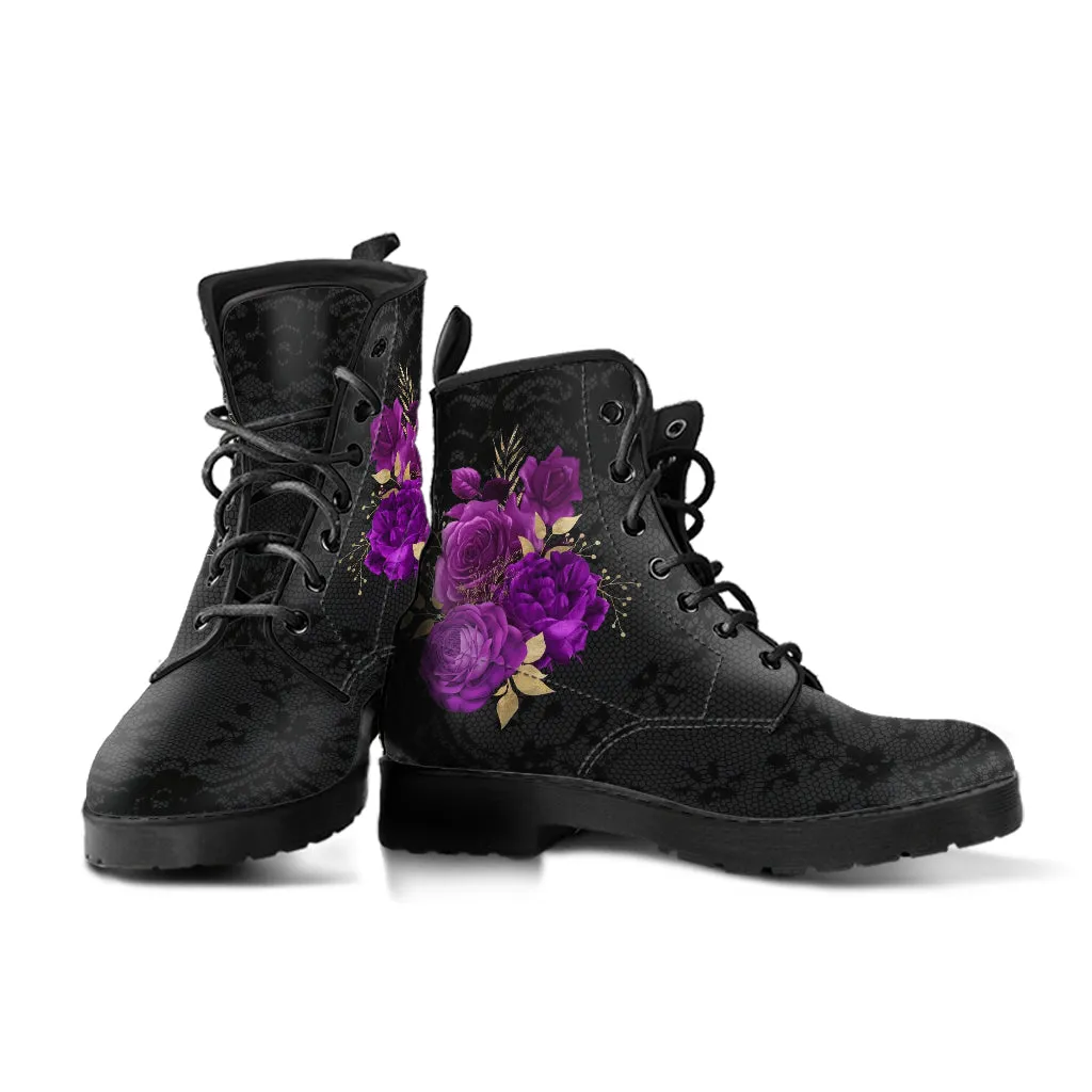 Combat Boots - Beautiful Flowers #102 | Women's Black Hipster Boots, Custom Shoes, Women's Boots, Vegan Leather Lace Up Boots Women