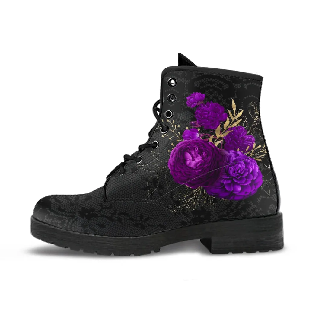 Combat Boots - Beautiful Flowers #102 | Women's Black Hipster Boots, Custom Shoes, Women's Boots, Vegan Leather Lace Up Boots Women