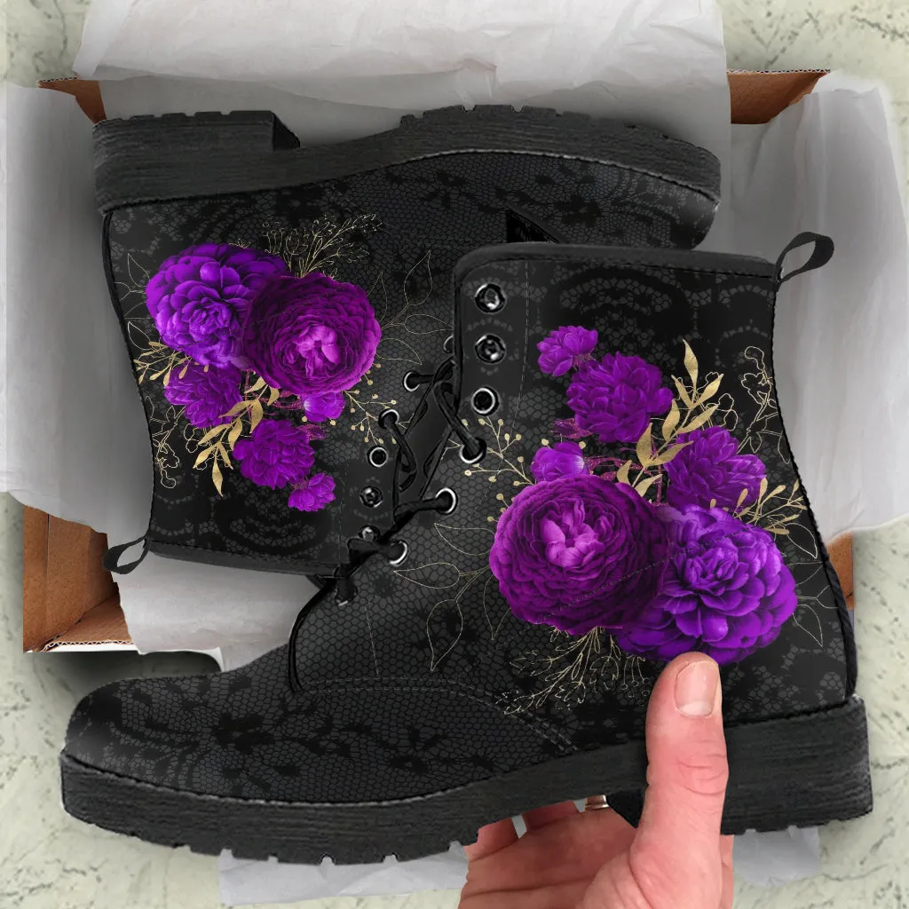Combat Boots - Beautiful Flowers #102 | Women's Black Hipster Boots, Custom Shoes, Women's Boots, Vegan Leather Lace Up Boots Women