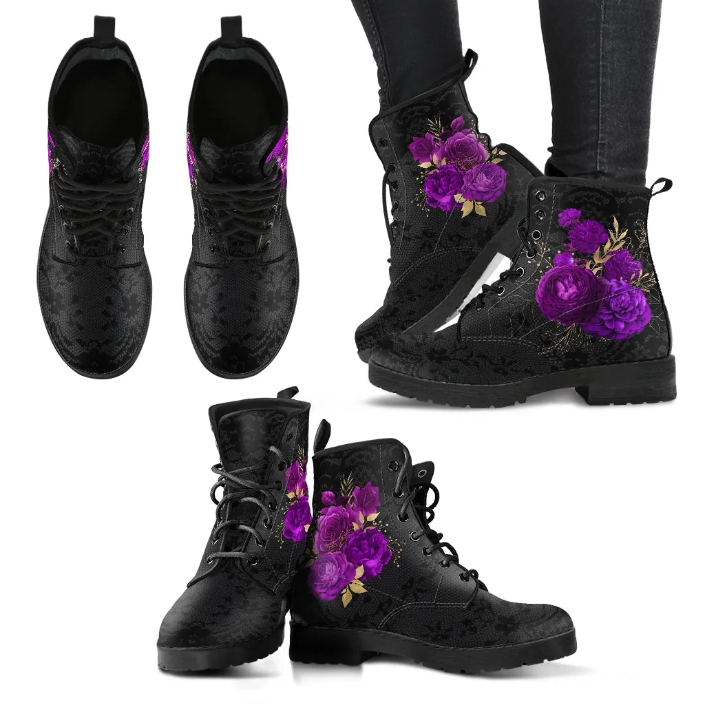 Combat Boots - Beautiful Flowers #102 | Women's Black Hipster Boots, Custom Shoes, Women's Boots, Vegan Leather Lace Up Boots Women
