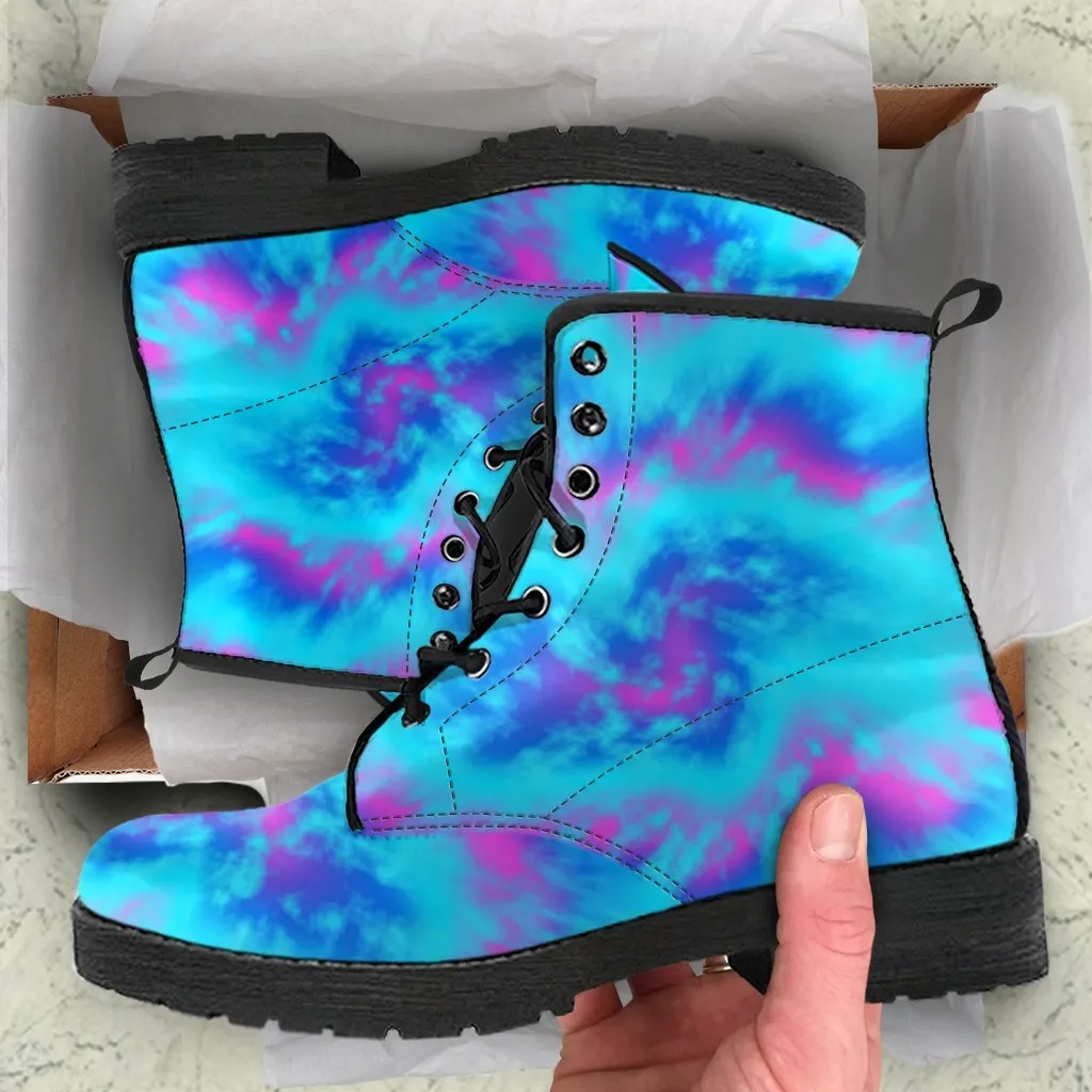 Combat Boots - Blue Tie Dye Design | Vegan Leather Lace Up Boots, Handmade Lace Up Boots, Women's Boots, Custom Shoes, Aesthetic Shoes, Sorority Shoes