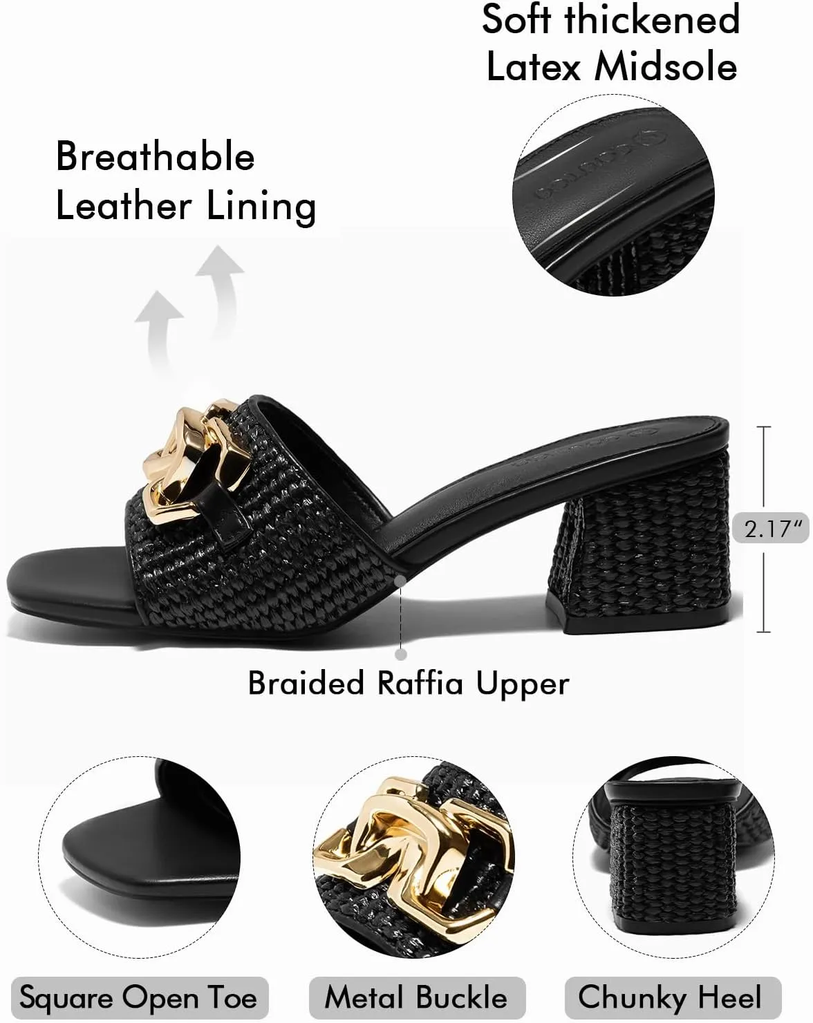 Coutgo Womens Raffia Slide Sandals Chunky Block Heeled Square Open Toe Metal Chain Slip on Mules Dressy Shoes