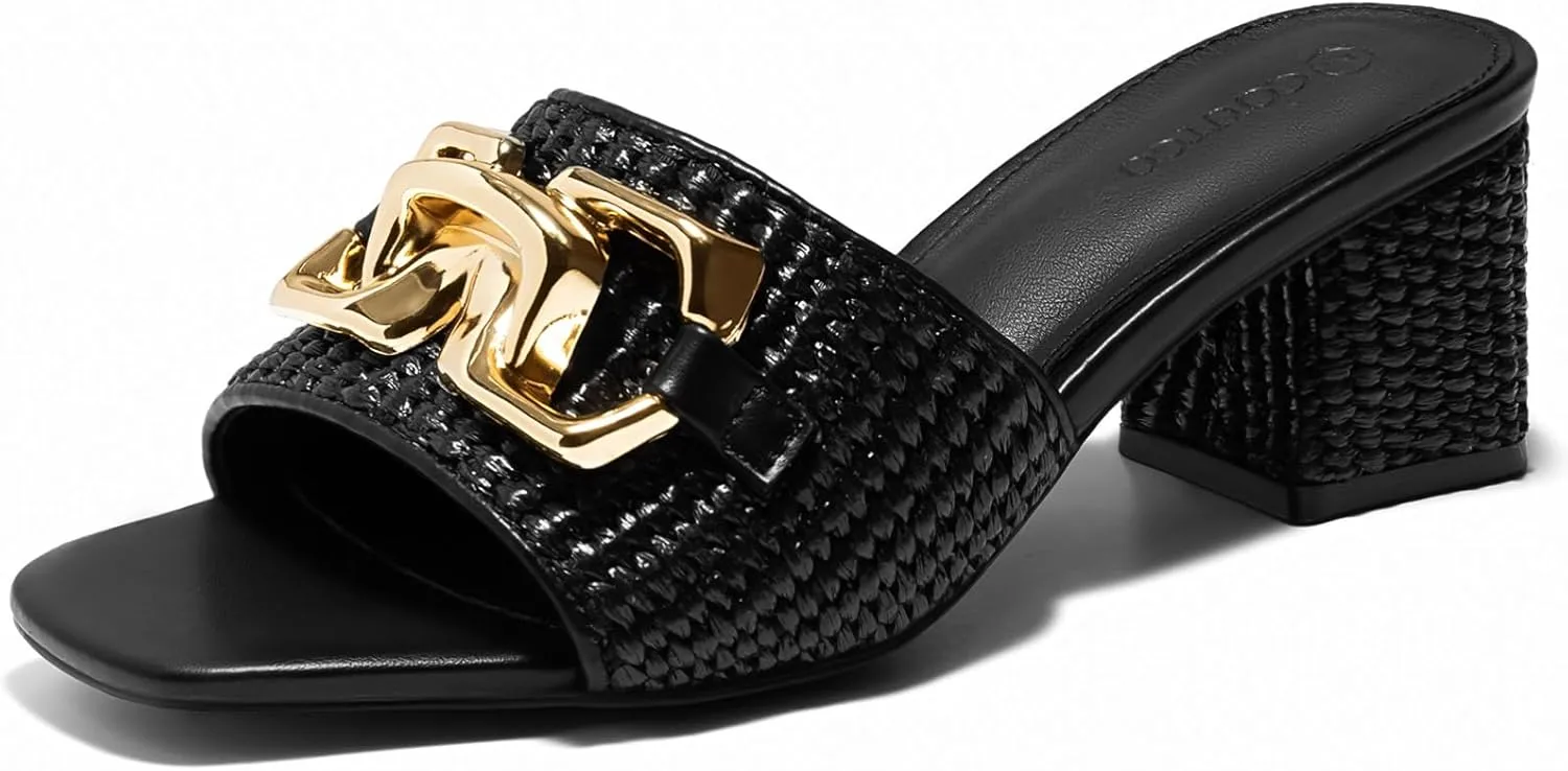 Coutgo Womens Raffia Slide Sandals Chunky Block Heeled Square Open Toe Metal Chain Slip on Mules Dressy Shoes