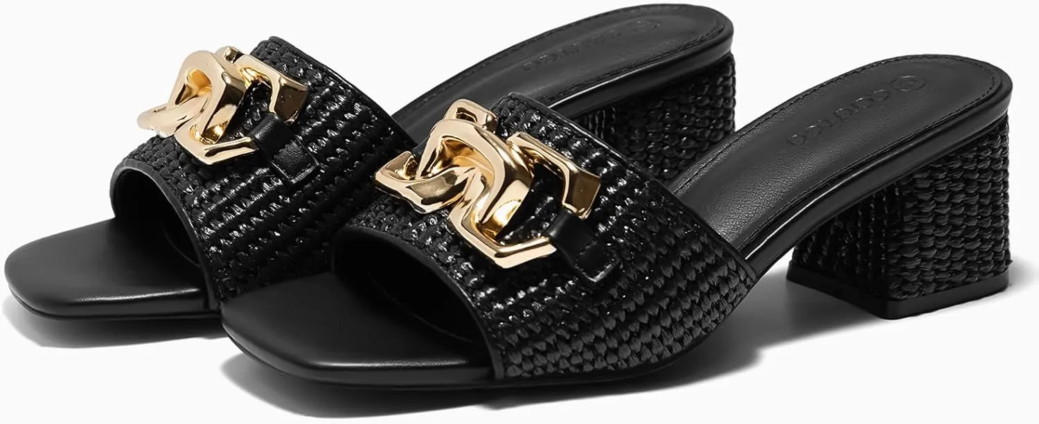 Coutgo Womens Raffia Slide Sandals Chunky Block Heeled Square Open Toe Metal Chain Slip on Mules Dressy Shoes