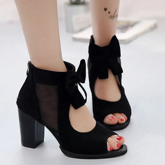 Cute bow chunky sandals peep toe cut-out chunky heels sexy