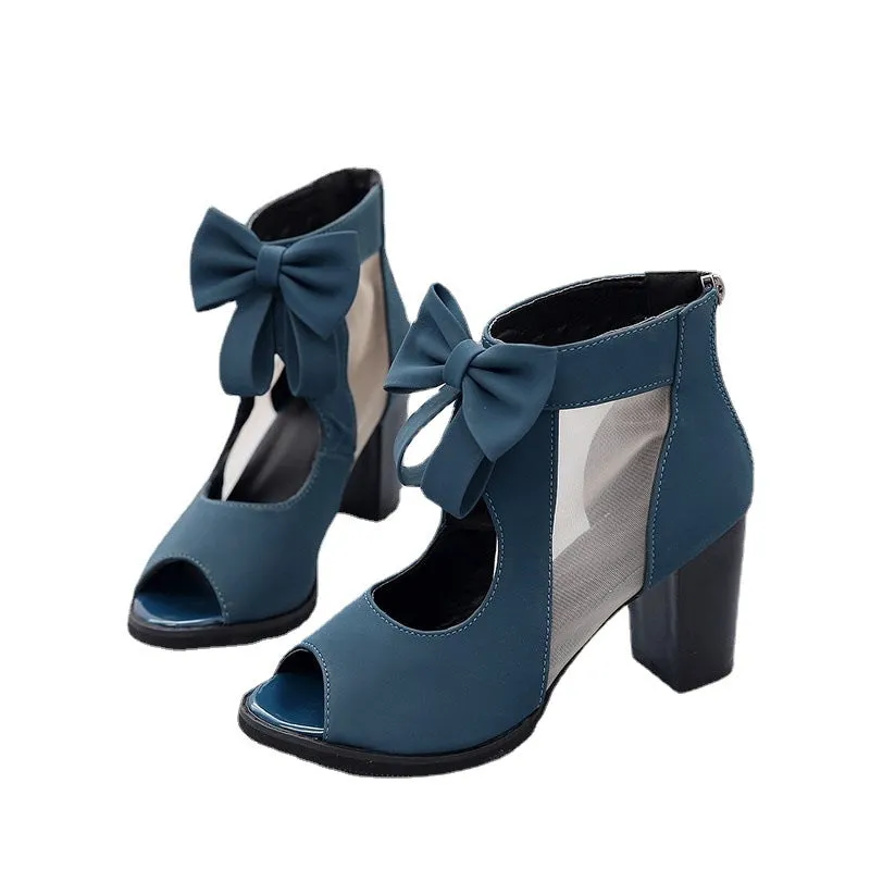 Cute bow chunky sandals peep toe cut-out chunky heels sexy