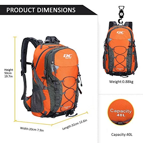Diamond Candy Waterproof Hiking Backpack 40L with Rain Cover for Outdoor Orange