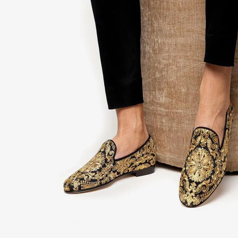 Gold Embroidered Leather Loafers