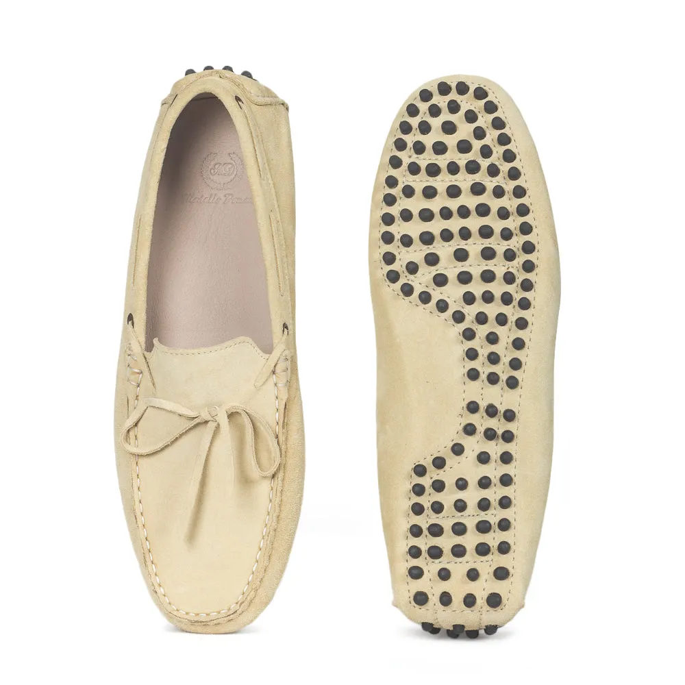 Gommino Suede Bow Loafers (Cream Beige)