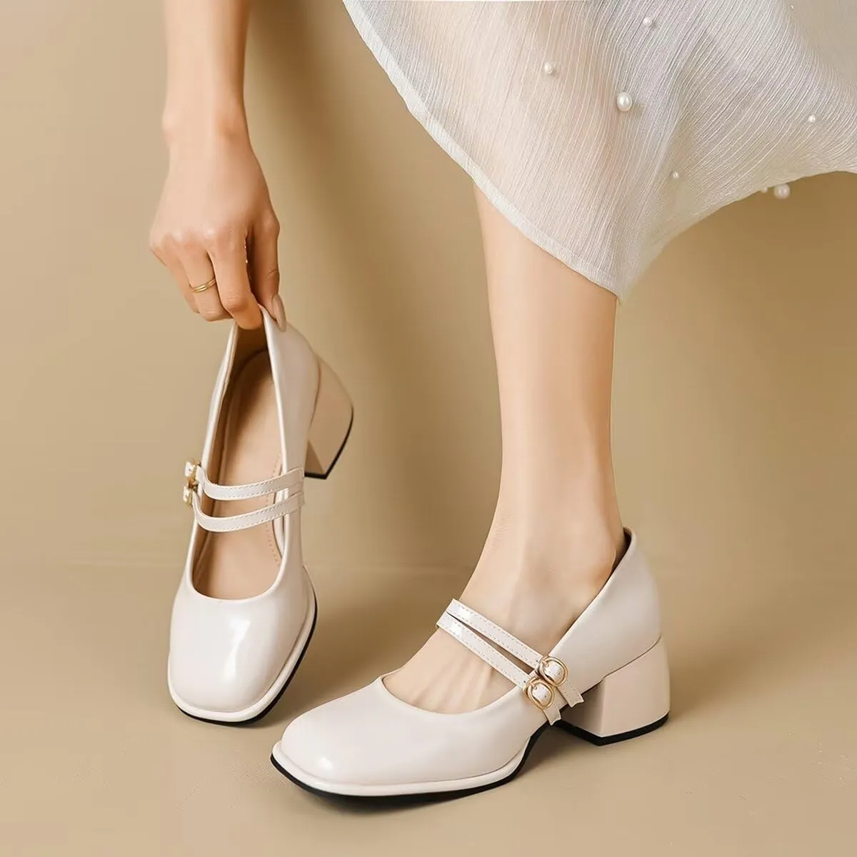 LUXINYU Women Square Toe Heels Pearl Elegant Ladies Pumps Heeled Dress Shoes Comfort Work Shoes