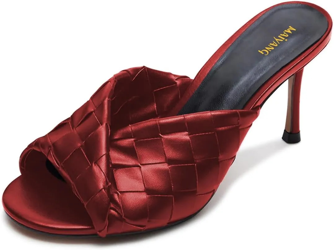 Maiyang Women Trendy Open Toe Slip on Braided Mules Stiletto High Heel Party Event Daily Walking Slide Sandals Size 4-16 US