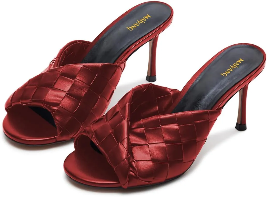 Maiyang Women Trendy Open Toe Slip on Braided Mules Stiletto High Heel Party Event Daily Walking Slide Sandals Size 4-16 US