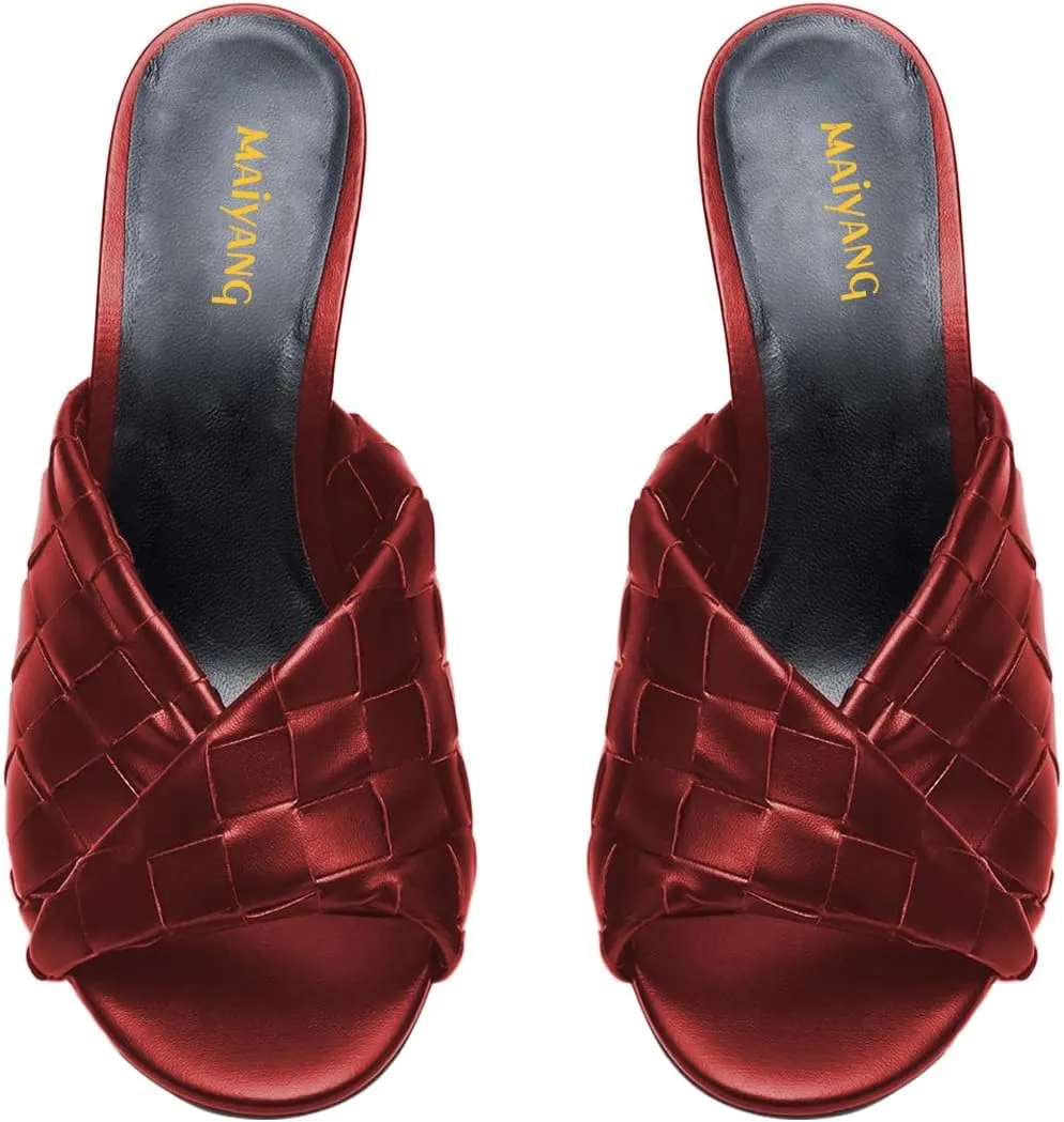 Maiyang Women Trendy Open Toe Slip on Braided Mules Stiletto High Heel Party Event Daily Walking Slide Sandals Size 4-16 US