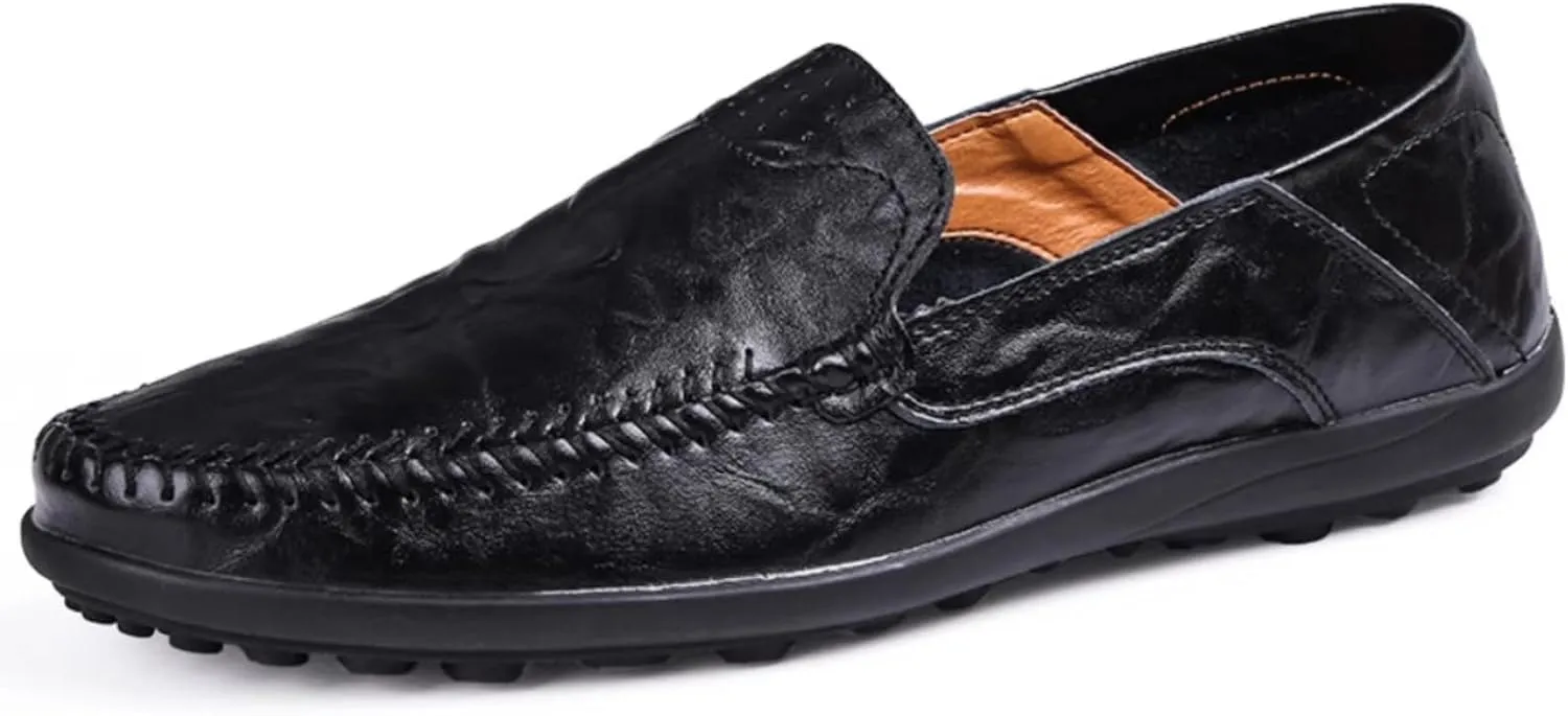 Mens Handmade Leather Slip-On Loafers Casual Round Toe Flat Penny Loafers Soft Breathable Driving Walking Boat Shoes (Black,7)