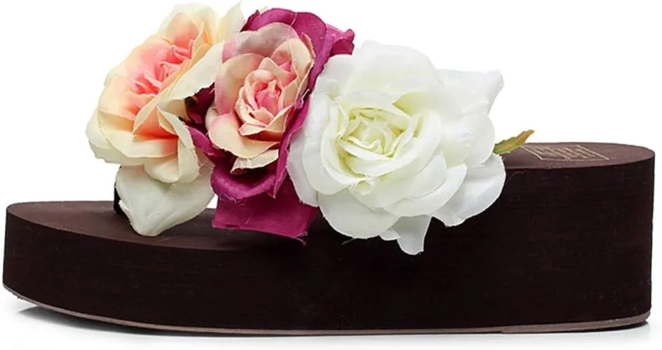 MIOKE Women's Boho Flowers Wedge Flipflops Trendy Summer Platform Anti-Slip High Heel Beach Thong Sandals