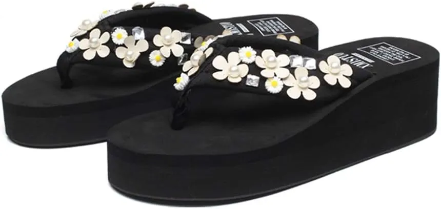 MIOKE Women's Boho Flowers Wedge Flipflops Trendy Summer Platform Anti-Slip High Heel Beach Thong Sandals