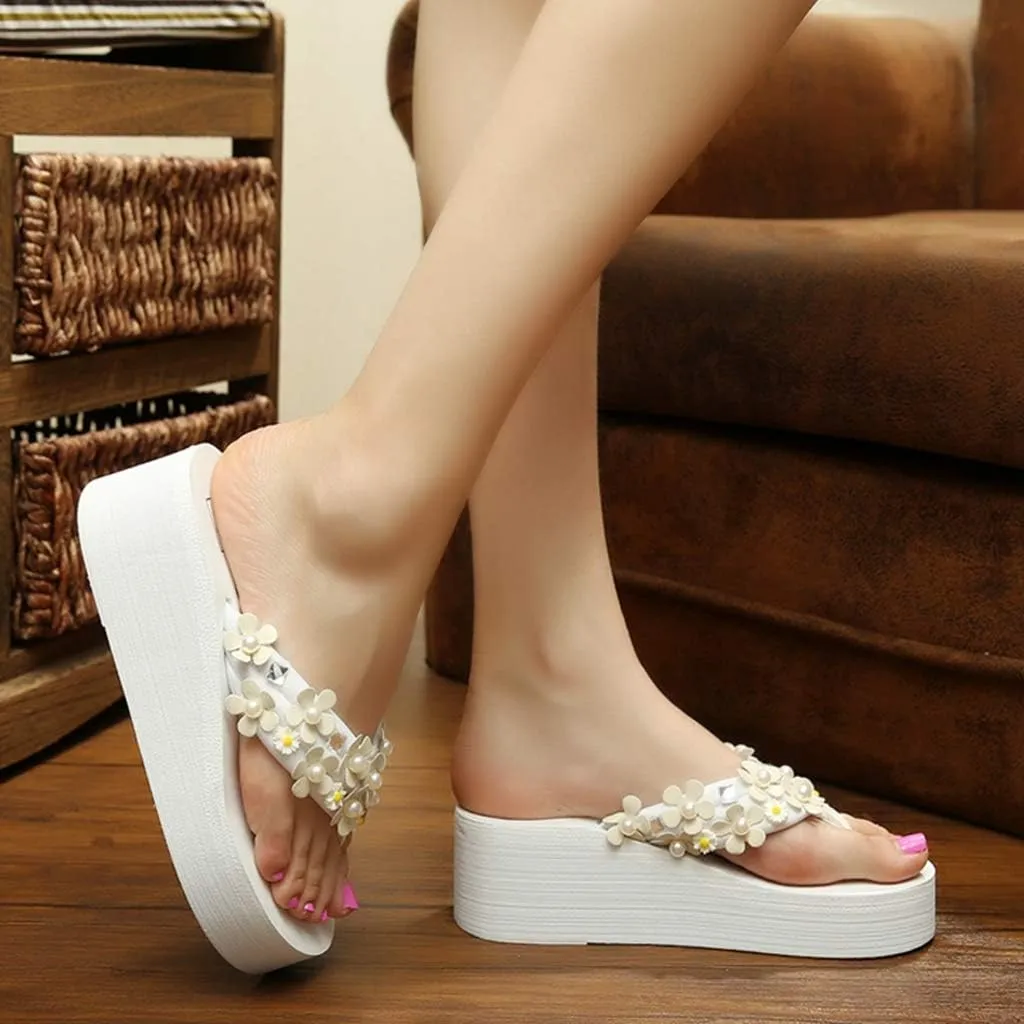 MIOKE Women's Boho Flowers Wedge Flipflops Trendy Summer Platform Anti-Slip High Heel Beach Thong Sandals